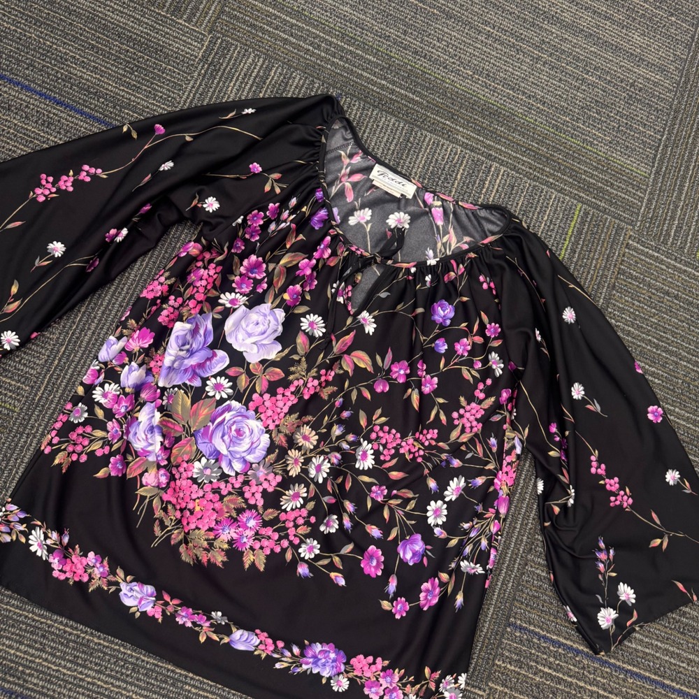 Teddi of California Floral Blouse‎ Womens 16 Black Purple Vintage Excellent Boho